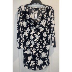 Lane Bryant Black White Floral 3/4 Sleeve Scoop Neck Tunic Blouse Top 14/16 NEW